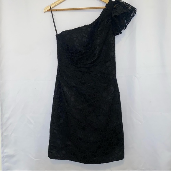 Mori Lee Style 31020 Black Lace One Shoulder Bridesmaid Midi Dress Size 8 - Picture 4 of 12